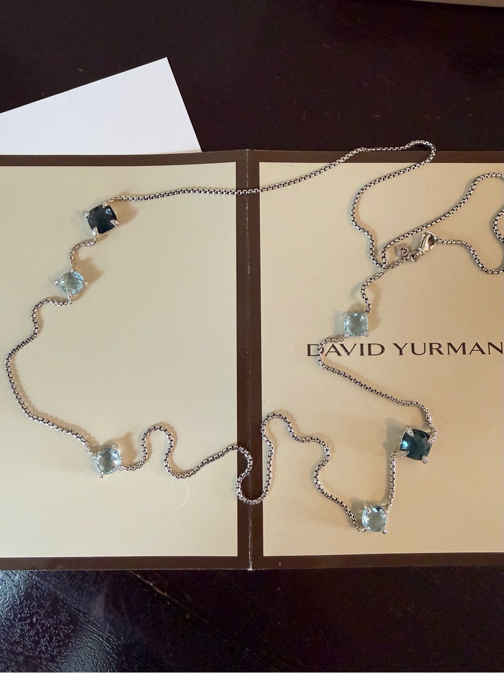 David Yurman Sterling Silver Necklace with Light and Deep Blue Topaz Stations.